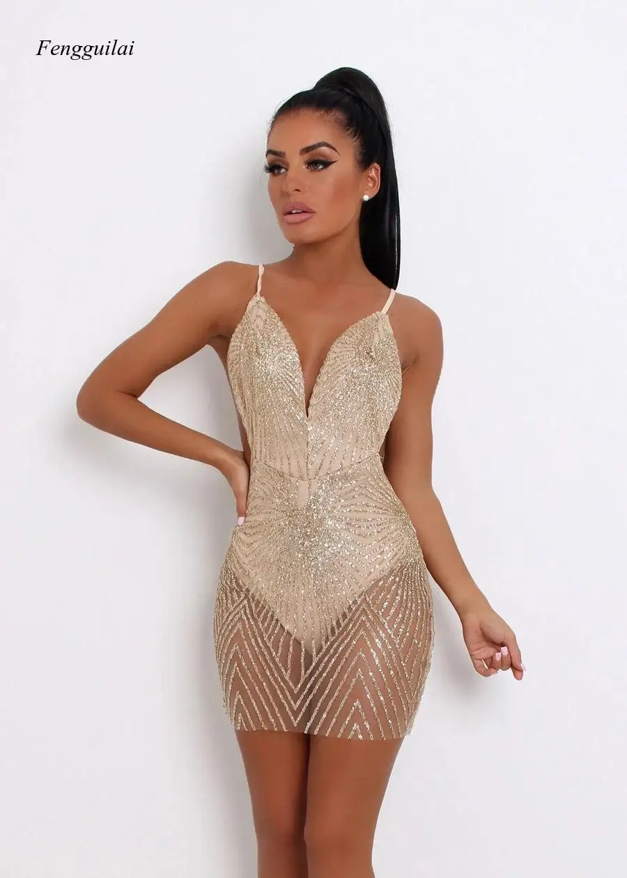 Top Trends: 2020 New Hot Selling New Nightclub Perspective Sexy Sling V Neck Open Back Gold Dress Shoppable Styles