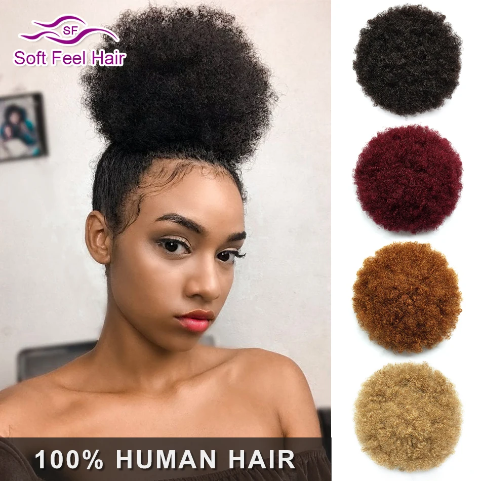 Top Trends: Afro Puff Ponytail Human Hair Bun Kinky Curly Drawstring Ponytail Ombre Brazilian Clip In Hair Extensions Soft Feel Hair Chignon Shoppable Styles