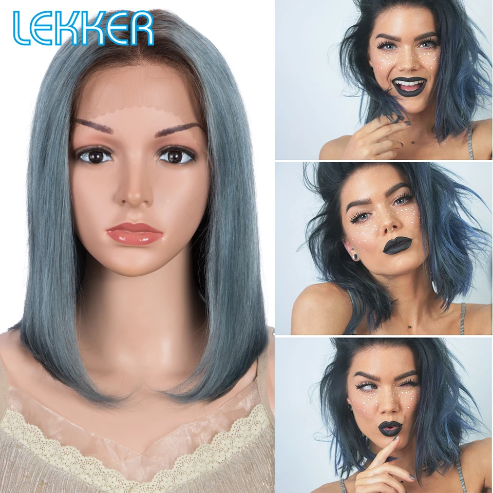 Top Trends: Lekker Light Blue Straight Bob 13x6X1 Lace Front Human Hair Wig For Women Brazilian Remy Hair Glueless Wear To Go Colored Wigs Shoppable Styles