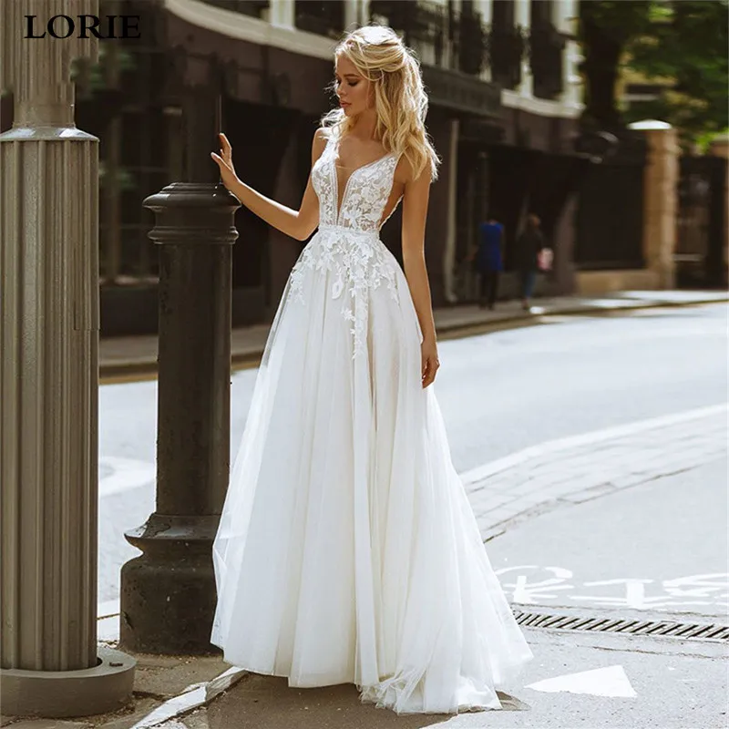 Top Trends: LORIE Ivory Boho Lace Wedding Dresses A Line Sleeveless Appliques Sexy V Neck Bridal Gowns 2021Puff Tulle Wedding Gowns Shoppable Styles