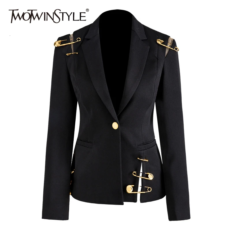 Top Trends: TWOTWINSTYLE Loose Fit Black Hollow Out Pin Spliced Jacket Blazer New Lapel Long Sleeve Women Coat Fashion 2022 Autumn Winter Shoppable Styles