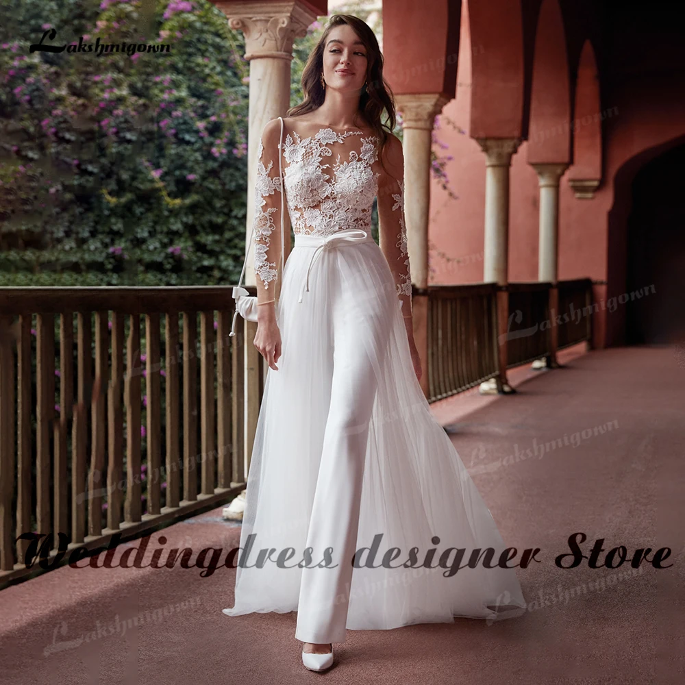 Top Trends: Modern Long Sleeve Jumpsuit Wedding Dress Scoop Neck White Lace Appliques Boho Bridal Dress With Detachable Train Robe Mariee Shoppable Styles - Image 5