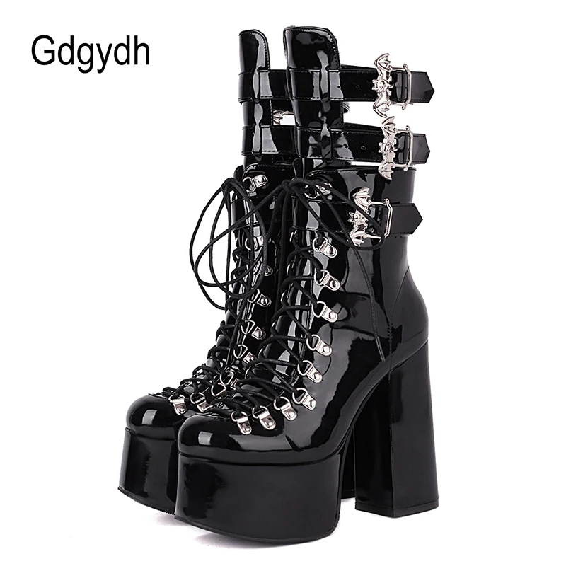 Top Trends: Gdgydh Gothic Style Black Platform Boots Bat Wings Sexy Clube Night Modern Boots Women Mid Calf Ankel Buckle Strap Plus Size 46 Shoppable Styles