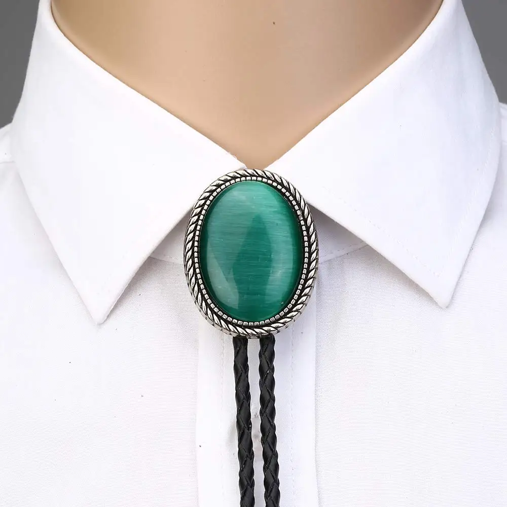 Top Trends: Naturel Stone Green Cat Eye Bolo Tie For Man Indian Cowboy Western Cowgirl Leather Rope Zinc Alloy Necktie Shoppable Styles