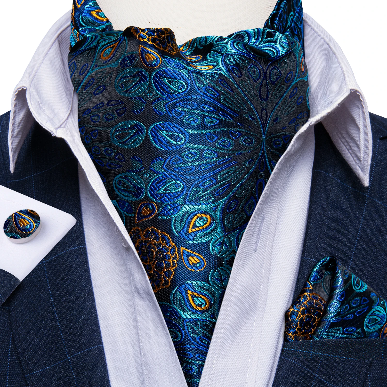 Top Trends: DiBanGu Men Luxury Silk Ascot Tie Cravat Tie Handkerchief Cufflinks 3pcs Set Blue Paisley Floral Wedding Party Cravats Necktie Shoppable Styles