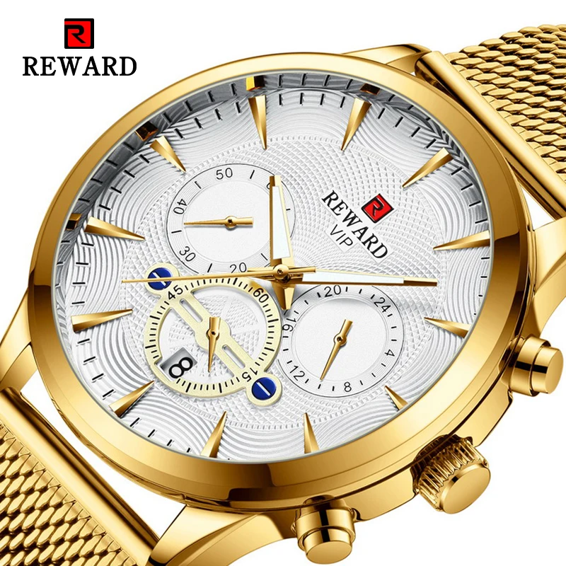 Top Trends: REWARD Men's Watch Quartz White Dial Date Display Mesh Band Luxury Golden Top Brand Business Watches Relogio Masculino Shoppable Styles