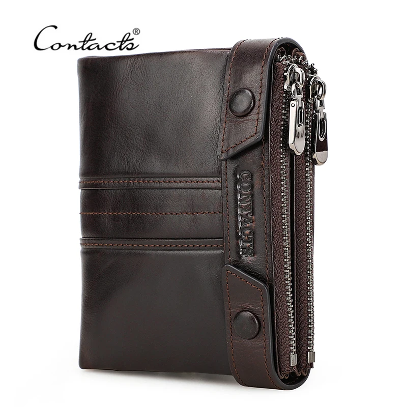 Top Trends: CONTACT'S Genuine Leather Men Wallet Double Zippers Design Coin Purse Small Mini Card Holder Wallets Rfid Money Bag Male Purses Shoppable Styles