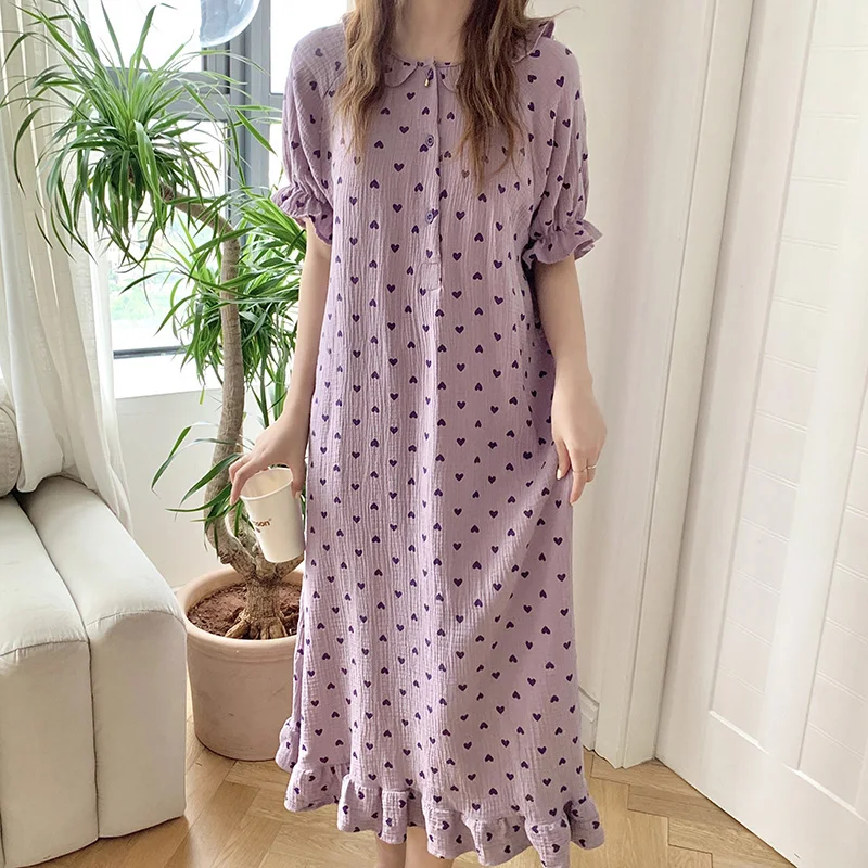 Top Trends: Heart Print Summer Nightgown Women O-Neck Ruffles Short Sleeve Cotton Loose Sleepwear Sweet Vintage Kawaii Homewear Purple 2022 Shoppable Styles