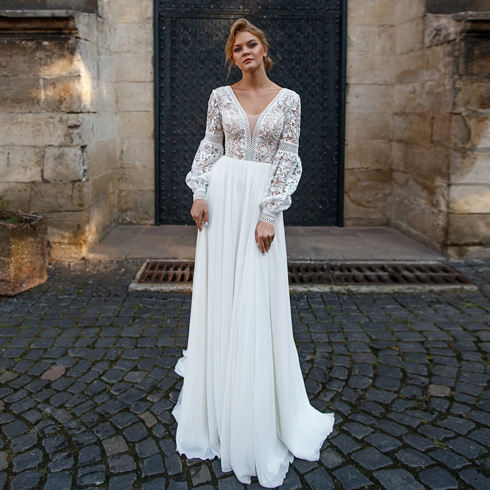 Top Trends: Bohemian Wedding Dress For Bride 2021 Elegant Long Sleeves Lace See Through V Neck A Line Sweep Train Bridal Gowns Shoppable Styles