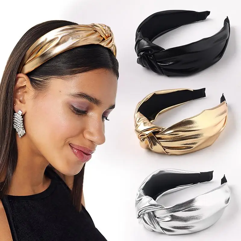 Top Trends: 2022 PU Leather Headbands Gold Silver Knotted Hairbands Glitter Headband Solid Color Leather Hair Hoop Women Hair Accessories Shoppable Styles - Image 2