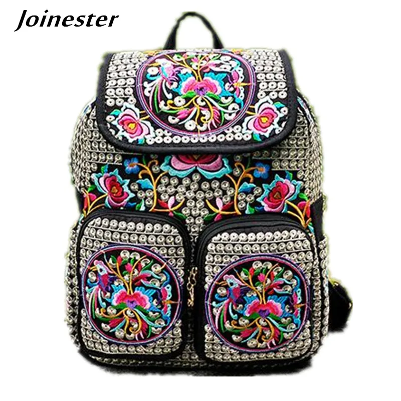 Top Trends: Floral Embroidered Casual Canvas Women Backpacks Girls Ethnic Schoolbags Ladies Vintage Rucksack Multi Pockets Flap Travel Bags Shoppable Styles