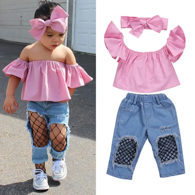 Top Trends: 3Pcs Toddler Baby Girl Clothes Pink Off Shoulder Tops Ripped Denim Pants Jeans Headband Kids Summer Outfits Set Shoppable Styles