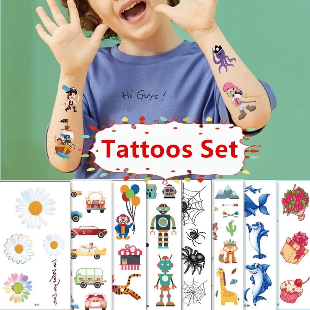 Top Trends: 10pcs / set Colored Translation Tattoos Cartoon Anime Stickers Temporary Children&#039;s Tattoo Flower Animal Robot Shark Cake Cars Shoppable Styles