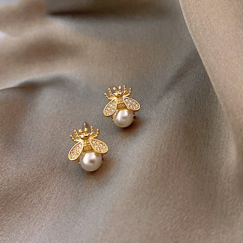 Top Trends: Korean Style Honey Bee Pearl Stud Earrings For Women Exquisite Small Elegant Earring Ladies Wedding Party Birthday Jewelry Gifts Shoppable Styles