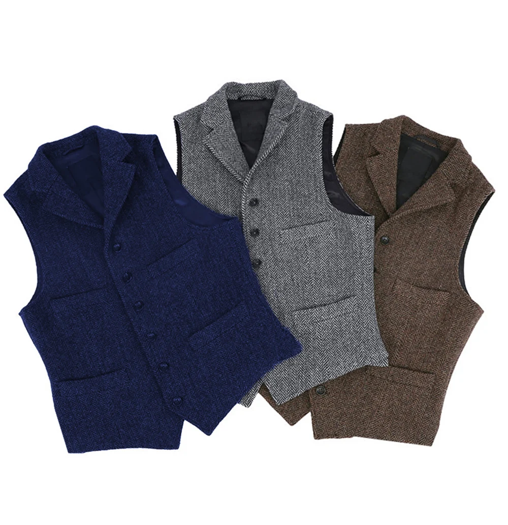 Top Trends: 2024 Mens Vest Classic Brown Suit Wool Tweed Notch Lapel Waistcoat Herringbone Groomsmen Winter Coat For Wedding Shoppable Styles