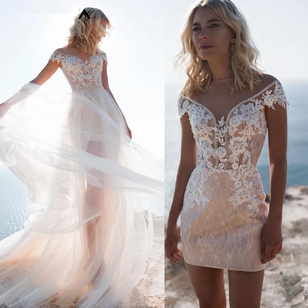 Top Trends: DREAM Beach Short Wedding Dresses 2 Pieces Detachable Train Beading Appliques Lace Bridal Gown Customize Cap Sleeve Shoppable Styles