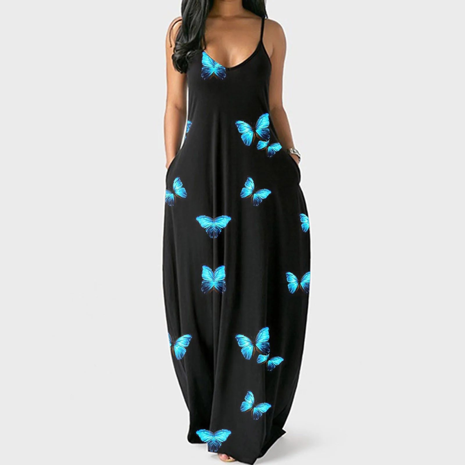 Top Trends: Women Large Size Summer Sexy V-Neck Butterfly Print Sleeveless Pullover Long Dresses Off Shoulder Beach Holiday Party Wear Robe Shoppable Styles