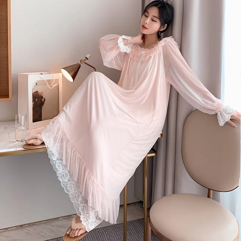 Top Trends: Sleepshirts Fashion Nightgown Ladies Lingerie Womens Sexy Sleepwear Long Sleeve Nightdress Nightwear Lace Palace Style Dress Shoppable Styles