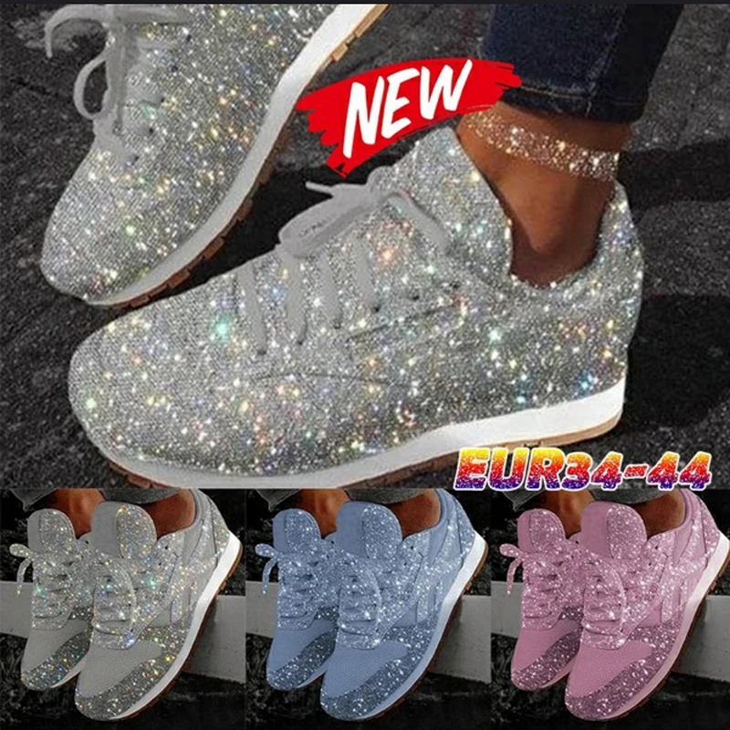 Top Trends: Women Flat Glitter Sneakers Casual Female Mesh Lace Up Bling Platform Comfortable Plus Size Vulcanized Shoes 2019 Soft Knitting Shoppable Styles