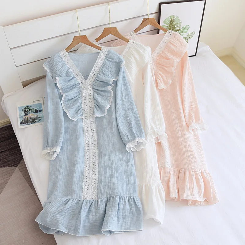 Top Trends: Japanese Nightdress Princess Style Long Skirt Female Spring And Summer Long-sleeved Thin 100% Cotton Crepe Sweet Lace Home Dress Shoppable Styles