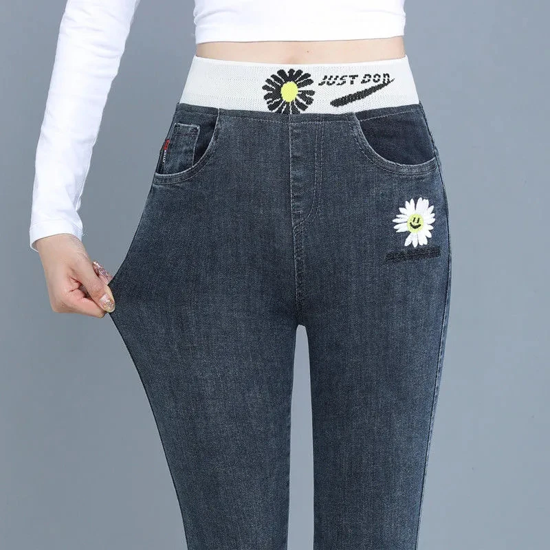 Top Trends: Oversize 34 High Waist Stretch Jeans Women Fashion Daisy Embroidery Skinny Pencil Vaqueros Casual Denim Leggings Cowboy Pants Shoppable Styles - Image 2