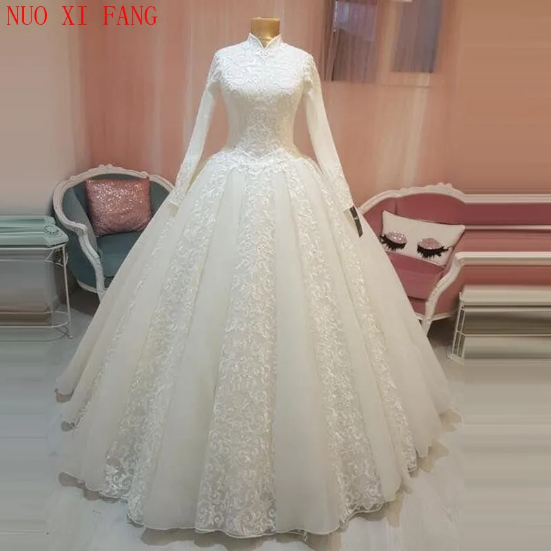 Top Trends: NUOXIFANG Arabic Bridal Gown Muslim Wedding Dress Arab Ball Gown Lace Hijab Long Sleeve Princess Applique Wedding Dress 2022 Shoppable Styles