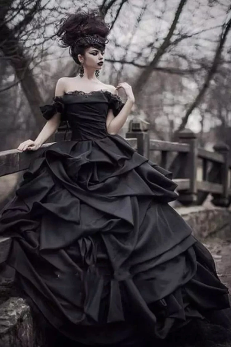 Top Trends: Vintage Black Ball Gown Wedding Dresses Off The Shoulder Ruched Skirt Retro Gothic Bride Mariage Dress Outdoor Long Bridal Gowns Shoppable Styles