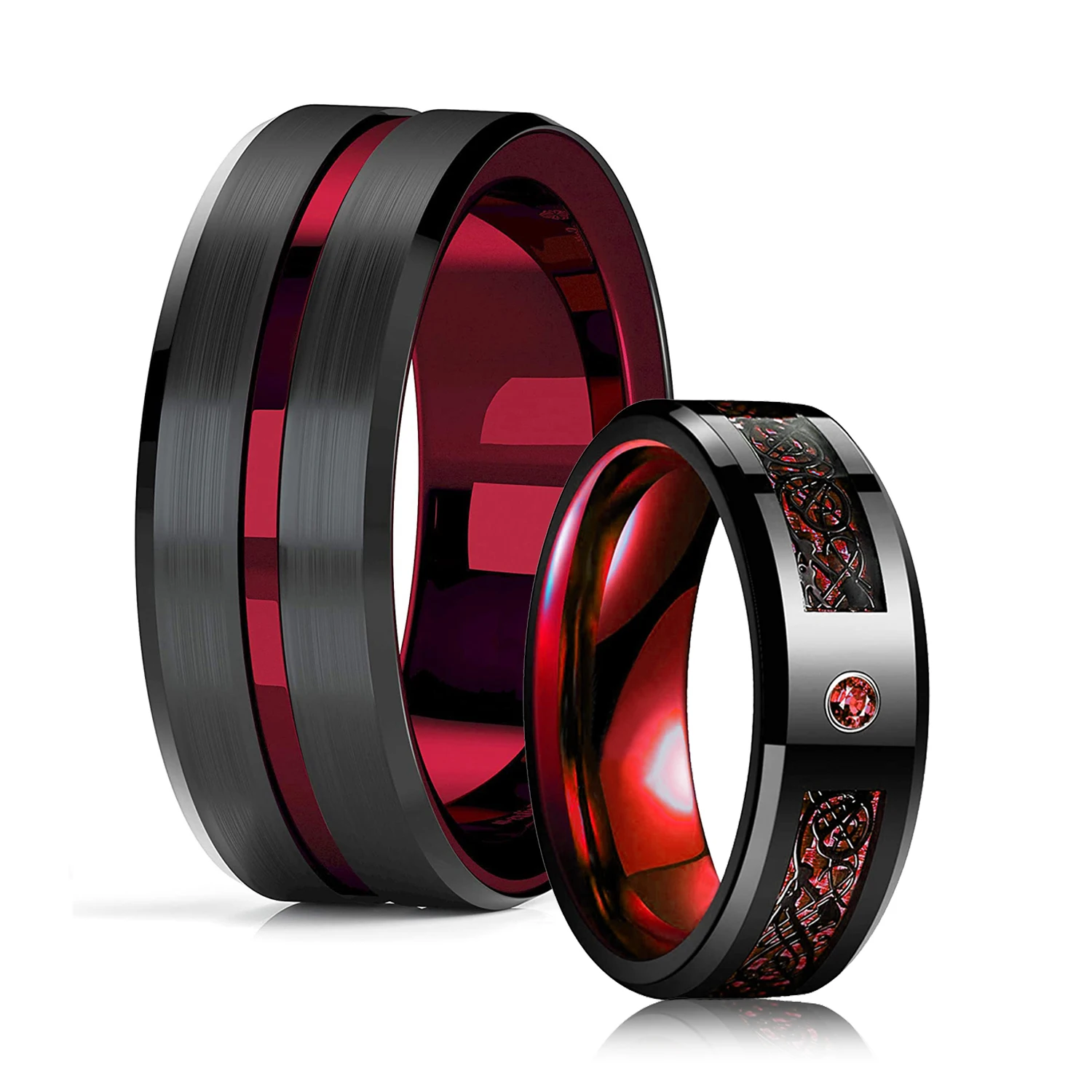 Top Trends: Fashion 8mm Red Groove Beveled Edge Stainless Steel Celtic Dragon Rings For Men Zircon Inlay Carbon Fibre Ring Men Wedding Band Shoppable Styles