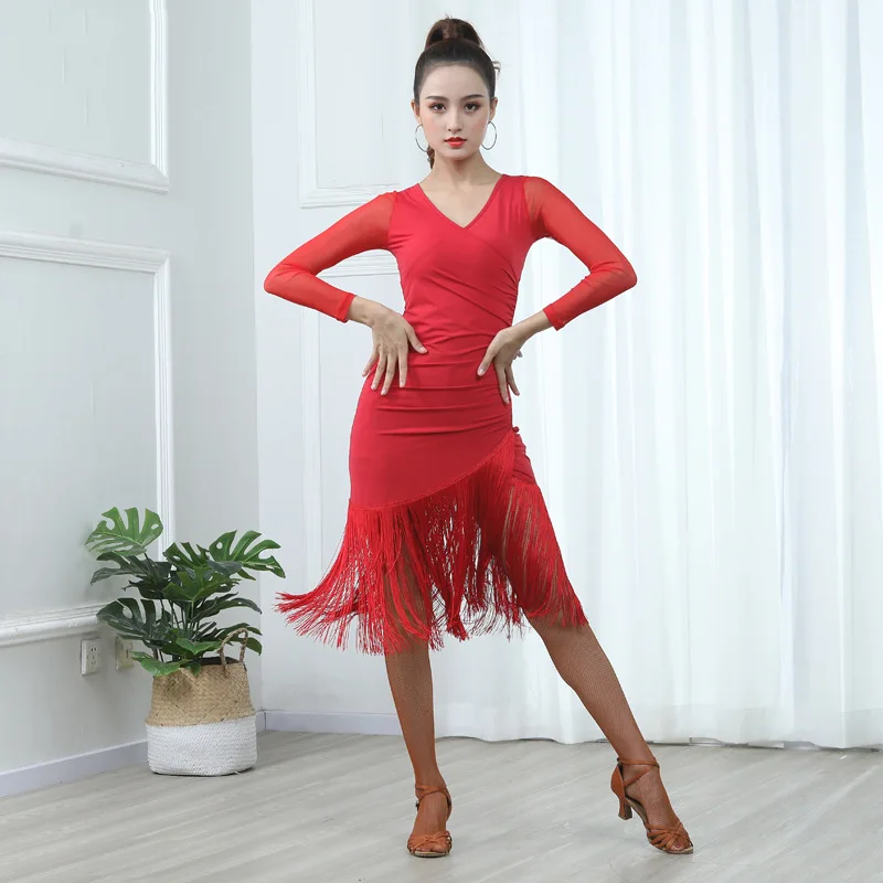 Top Trends: Women Sexy Mid Long Sleeve Printing Latin Dance Training Tassel Clothing Ballroom Dress Tango Modern Rumba Performance Dancewear Shoppable Styles