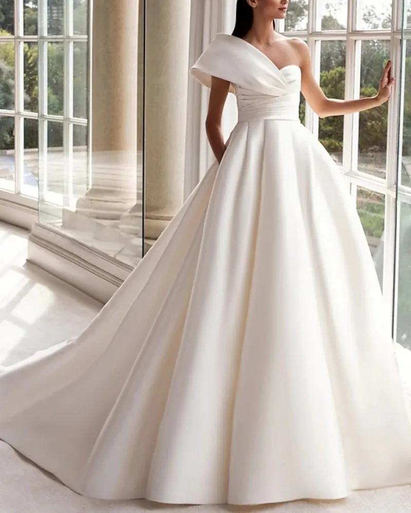 Top Trends: 2022 Modern A-Line Wedding Dresses Buttons One Shoulder Satin Ruched Bridal Gowns Vestidos De Noiva Wedding Dresses For Women Shoppable Styles