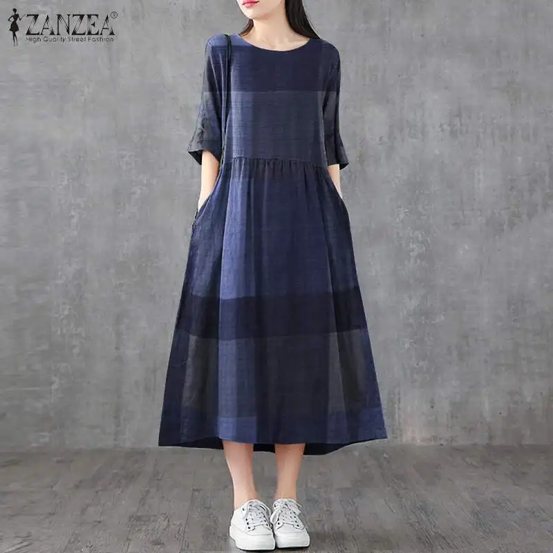 Top Trends: Womens 2023 Summer Midi Dress Female Vintage Plaid Check Vestido Casual Cotton Linen Dresses ZANZEA Fashion O Neck Robe Oversize Shoppable Styles