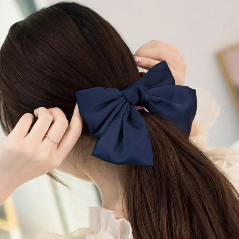 Top Trends: 1PC Big Bow Hairpin Navy Blue Silk Double Satin Hair Clip Women Girls Headdress Sweet Two-layer Top Clip Fashion Accessories Shoppable Styles