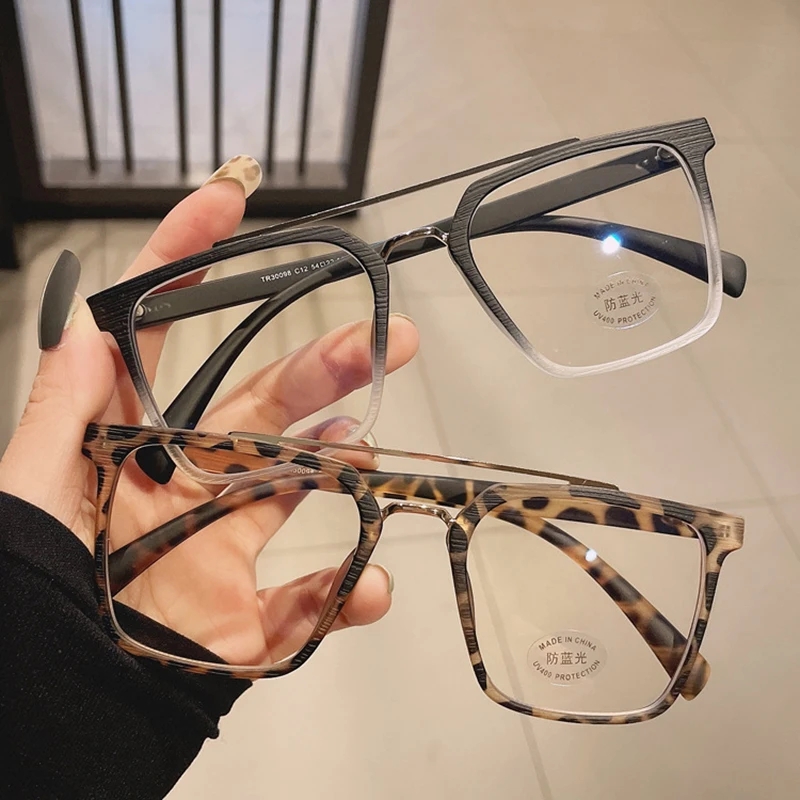 Top Trends: SO&amp;EI Retro Metal Double Bridges Square Women Glasses Frame Fashion Clear Anti-Blu-Ray Eyewear Men TR90 Optical Stripes Frame Shoppable Styles