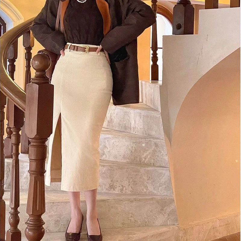 Top Trends: HOUZHOU Vintage Corduroy Split Midi Skirt Women Autumn Bodycon High Waist Sexy Solid Belt Pencil Skirt Elegant 90s Aesthetic Shoppable Styles - Image 4