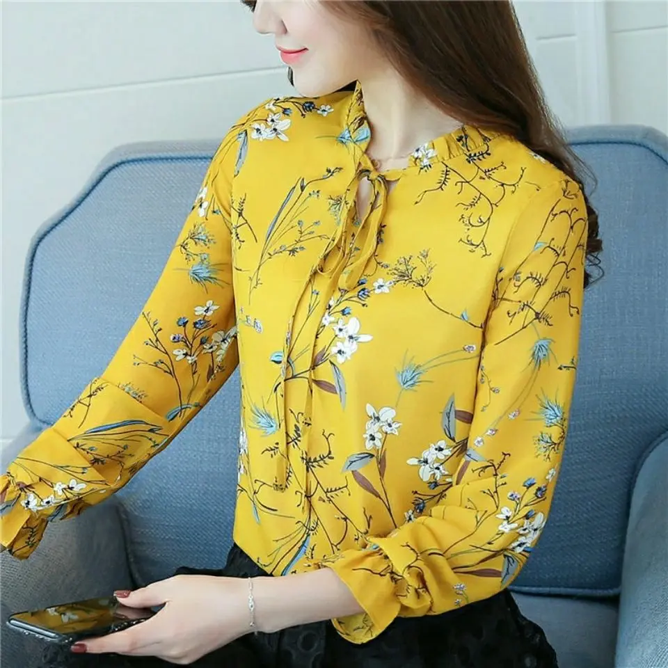 Top Trends: New Lady's Shirt Six Colors Korean Long Sleeve Floral Blouse Fashion Loose Thin Fresh Round Neck Lace Up Girl's Top Large Size Shoppable Styles