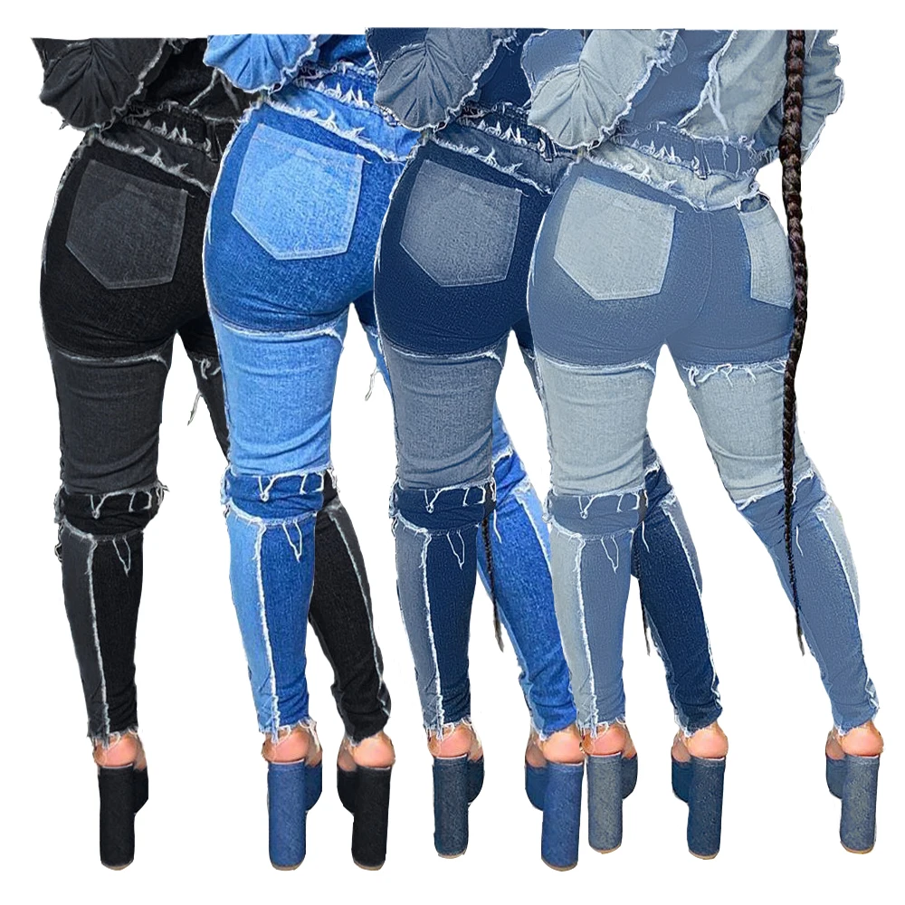 Top Trends: Women Patchwork Denim Pants Retro Sexy Jeans Ripped Pencil Panelled Trousers Street Skinny High Waist Lady Jean Pants Shoppable Styles