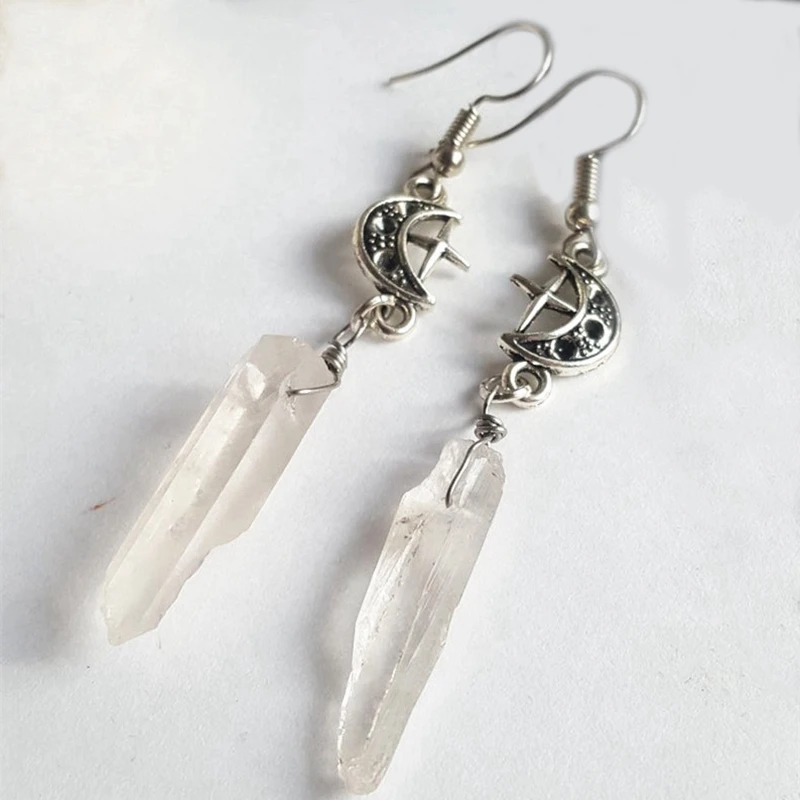 Top Trends: Clear Quartz Moon Earrings - Boho, Witchy, Natural Stones, Esoteric, Celestial, Alternative, Nugoth, Gothic, Romantic.star Gift Shoppable Styles