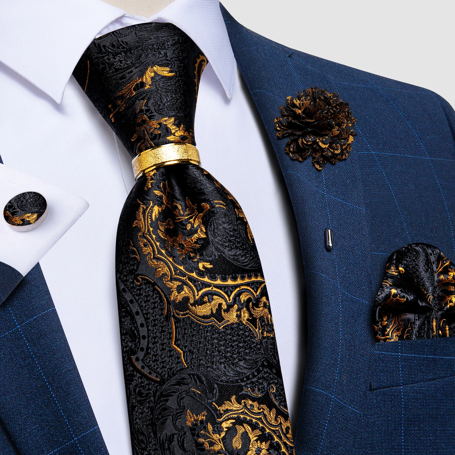 Top Trends: New Designer Men's Ties Luxury Gold Black Paisley Silk Tie Pocket Square Brooch Business Wedding Tie Gfit For Men DiBanGu Shoppable Styles