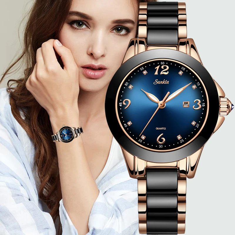 Top Trends: SUNKTA Fashion Women Watches Ladies Top Brand Luxury Ceramic Rhinestone Sport Quartz Watch Women Blue Waterproof Bracelet Watch Shoppable Styles