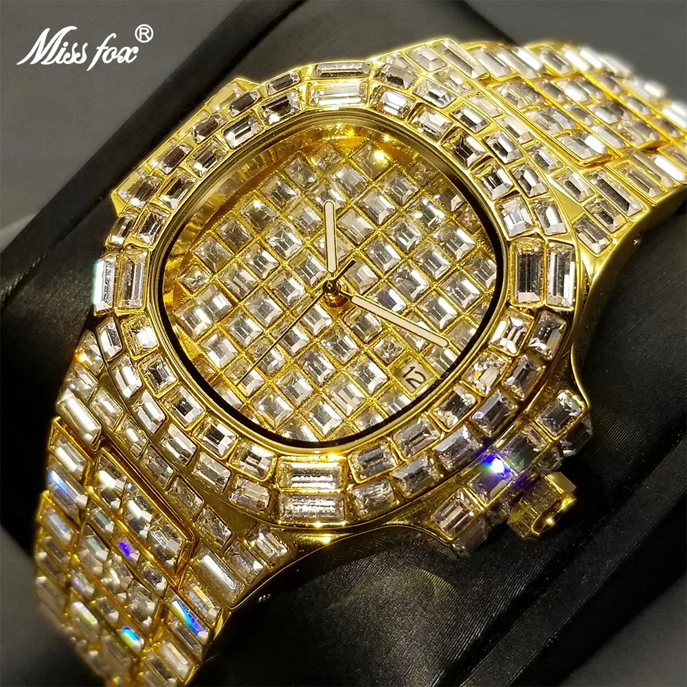 Top Trends: MISSFOX Gold Full Diamond Mens Watches Iced Out Bling Quartz Wristwatch Stainless Steel High Quality AAA Clock Dropshipping 2023 Shoppable Styles