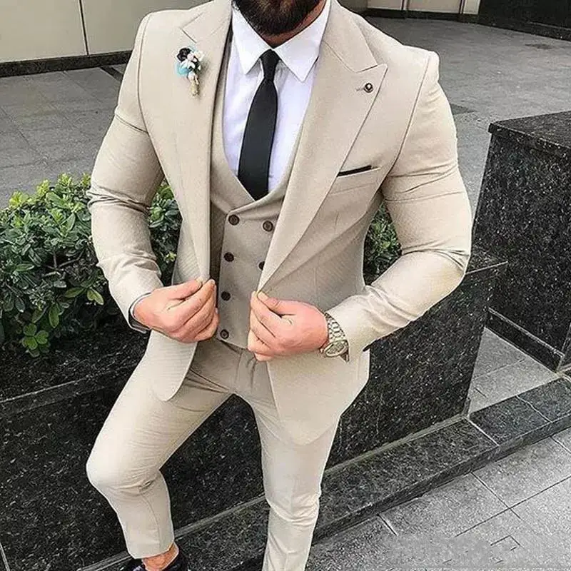 Top Trends: Beige Men Wedding Suits Slim Fit 3 Pieces Jacket Vest Pant Wedding Groom Tuxedos Bridegroom Suits Best Man Blazer Bussiness Shoppable Styles