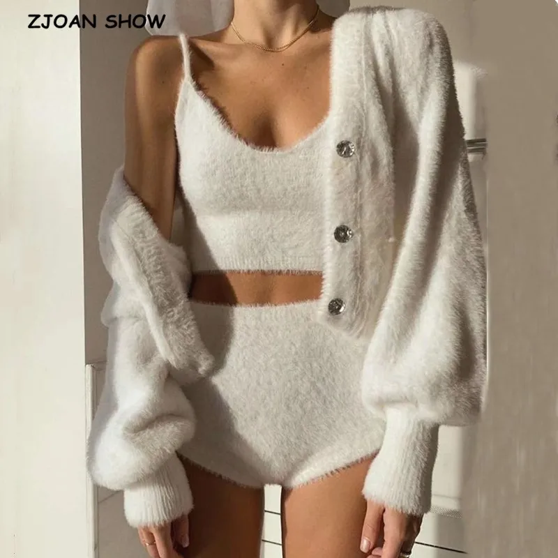 Top Trends: Vintage Set Shaggy Korea Style White Cardigan Furry Single-breasted Button Tank Top Knitted Sweater Jumper 1 Set Shoppable Styles