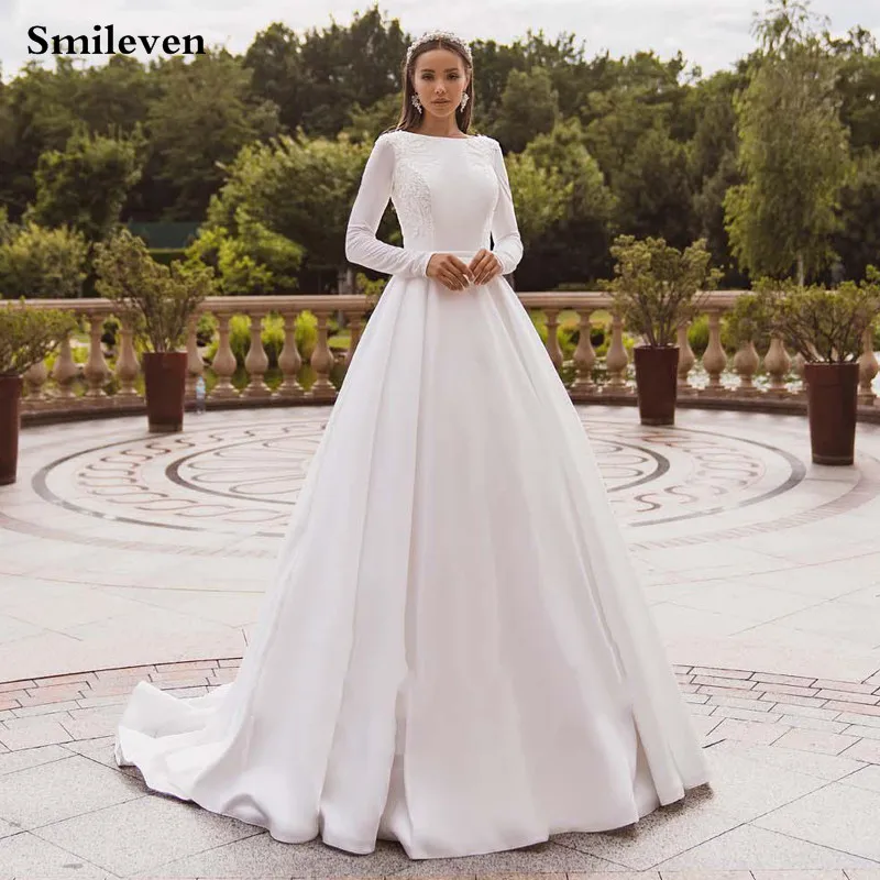 Top Trends: Smileven Elegant Satin Wedding Dresses Long Sleeve Lace Bride Gown Muslim Wedding Gown Covered Back Vestido De Novia 2020 Shoppable Styles