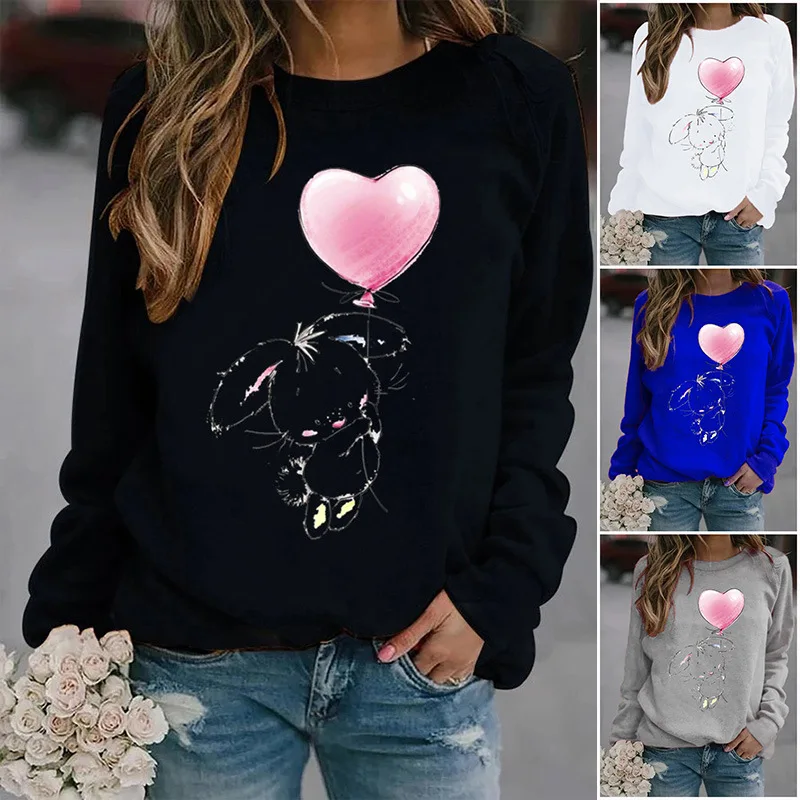 Top Trends: Bunny Hold Balloon Printed Hoodies Women Fleece Long Sleeve O Neck Loose Sweatshirt Girls Women Hoodie Pullovers Winter Shoppable Styles