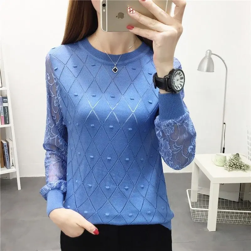 Top Trends: Round Neck Lace Hollow Bottoming Shirt Loose Long Sleeve Knitted Sweater Pullover Women's Autumn New Top Bottoming Sweater Shoppable Styles