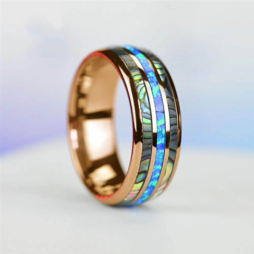 Top Trends: Fashion 8mm Rose Gold Color Tungsten Wedding Men Stainless Steel Rings Inlay Abalone Shell Blue Opal Rings Men Wedding Jewelry Shoppable Styles