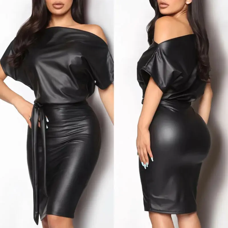 Top Trends: New Women Off Shoulder Long Sleeve PU Leather Casual Black Wet Look Bodycon Bandage Party Belted Pencil Cocktail Club Mini Dress Shoppable Styles