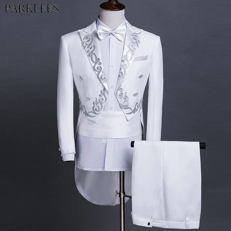 Top Trends: White Tailcoat Men Jacquard Embroidered Suits Tail Coat 2 Piece Mens Suits (Jacket+ Pants) Wedding Grooms Prom Singers Tuxedo Set Shoppable Styles