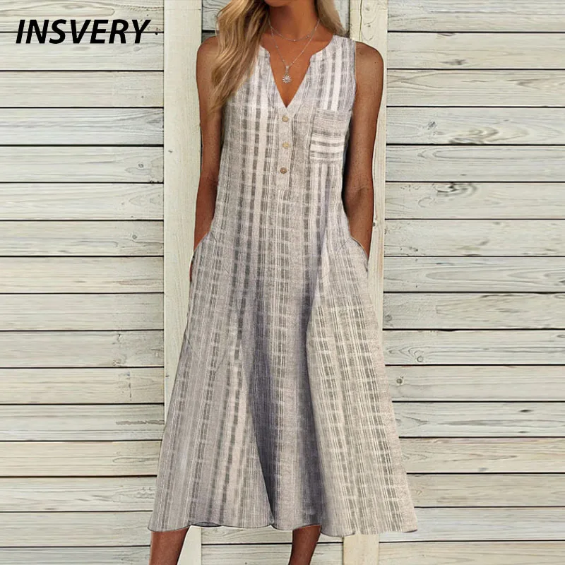 Top Trends: Summer Dress Women V Neck Sleeveless Pocket Button Loose Maxi Dresses Vintage Print Party Dress 2022 A-Line Beach Dress Shoppable Styles