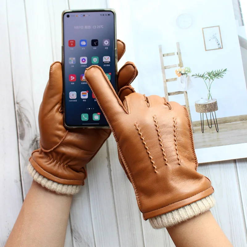 Top Trends: Touch Screen Leather Sheepskin Gloves Men&#039;s Winter Thickening Warmth Motorcycle Driving Fashion 2021 New Brown Finger Gloves Shoppable Styles